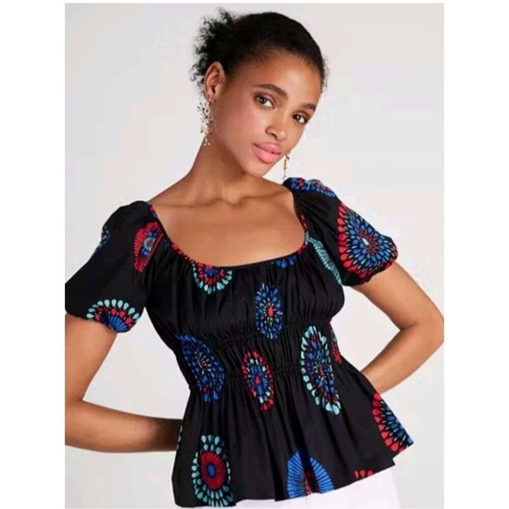 Kate Spade Firework Floral Riviera Puff Sleeve Blouse Top Black Size Large NWOT